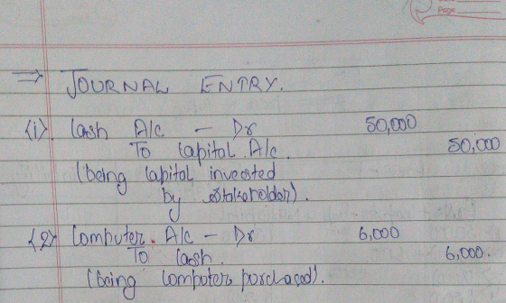 Page 50,000 S0.000 - JOURNAL ENTRY. y lash Alc. To tapital. Ale (being lapital invested by Stalkoholden) L27 Computer . Ale