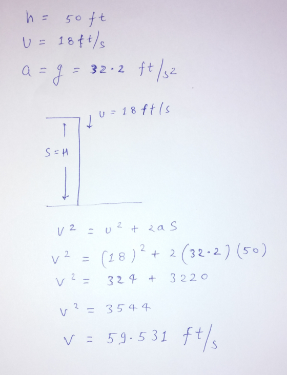 u 18 ft v2 (18 )2 + 2 (32.2) (50) V2= 32q + 3220 V3544 V 59.5 31 ft