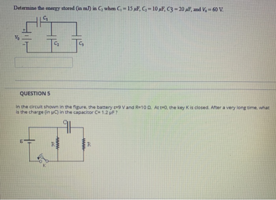 Determine the energy stored (in m)) in C when ( - 15 F, C = 10 pF, C3 = 20 pF, and V = 60 V. G V QUESTIONS In the circuit sho