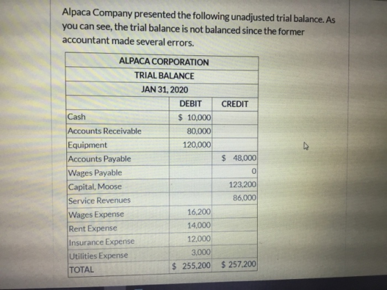 Alpaca Company presented the following unadjusted trial balance. As you can see, the trial balance is not balanced since the