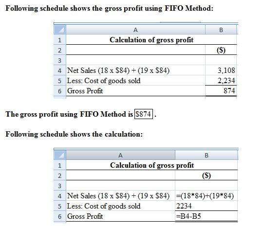 Following schedule shows the gross profit using FIFO Method: B Calculation of gross profit WNH (S) 4 Net Sales (18 x $84) + (