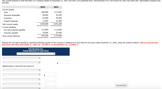 The current sections of Teal Mountain Inc.s balance sheets at December 31, 2021 and 2022, are presented here. Teal Mountain
