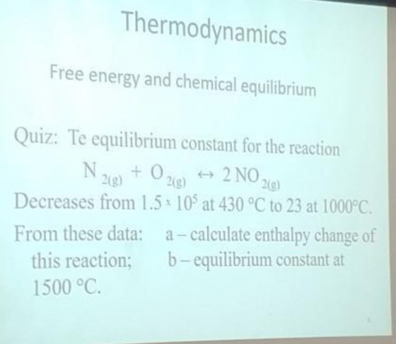 Thermodynamics Free energy and chemical equilibrium Quiz: Te equilibrium constant for the reaction N20 + 029 + 2 NO 200) Decr