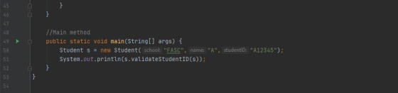 نها 46 } 47 48 49 //Main method public static void main(String[] args) { Student s = new Student ( school: EASC, name: A,
