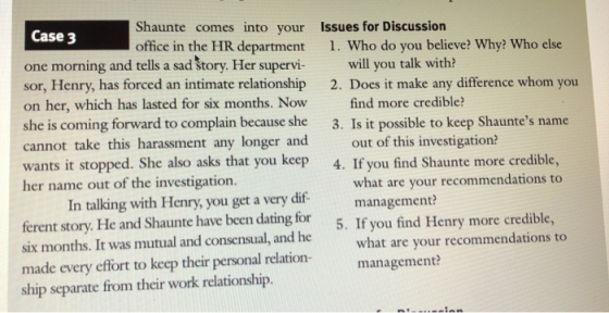 Case 3 Shaunte comes into your issues for Discussion office in the HR department 1. Who do you believe? Why? Who else one mor