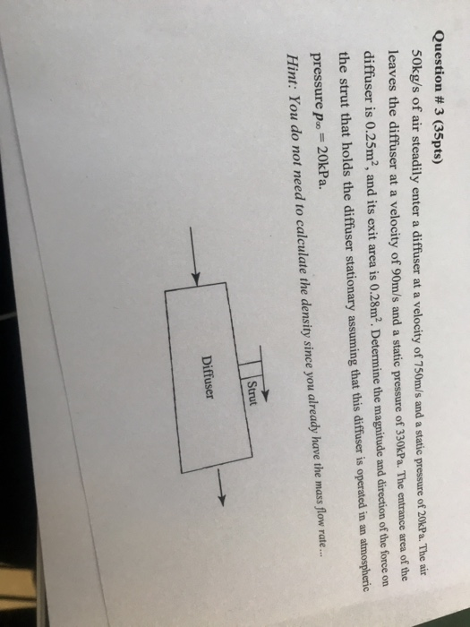 Question # 3 (35pts) 50kg/s of air steadily enter a diffuser at a velocity of 750m/s and a static pressure of 20kPa. The air