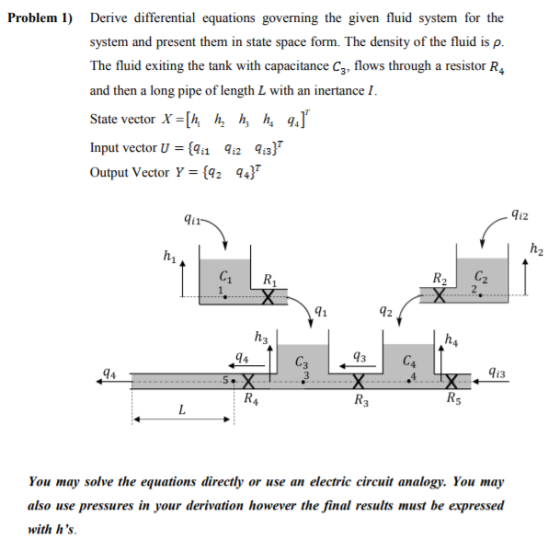 Problem 1) Derive differential equations governing the given fluid system for the system and present them in state space form
