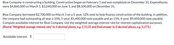 Blue Company is constructing a building. Construction began on February 1 and was completed on December 31. Expenditures were