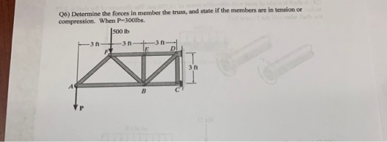 06) Determine the forces in member the truss, and state if the members are in tension or compression. When P-3001bs. 500 Ib 3