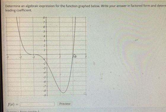 Determine an algebraic expression for the function graphed below. Write your answer in factored form and determ leading coeff