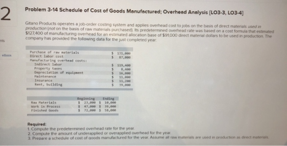 Problem 3-14 Schedule of Cost of Goods Manufactured; Overhead Analysis [LO3-3, LO3-4] Gitano Products operates a job-order co
