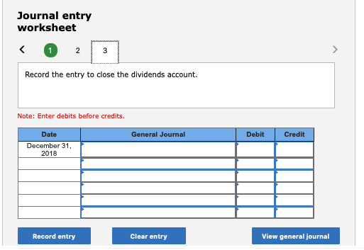 Journal entry worksheet 1 2 3 Record the entry to close the dividends account. Note: Enter debits before credits. Date Genera
