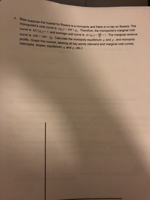 c. Now The suppose the market for flowers is a monopoly and there is no s cost curve is cgs) 200+a.. Therefore, the monopolists marginal cost curve is MC(%) 1 and av curve is MR 500- profits. Graph this market, labeling all key points intercepts, slopes, equilibrium q and p. etc.). The marginal revenue erage cost curve is AC(%)-2, 1 Calculate the monopoly equilbrium q and p, and monopoly (demand and marginal cost curves,