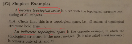 [22] Simplest Examples A discrete topological space is a set with the topological structure con- sisting of all subsets. 2.A