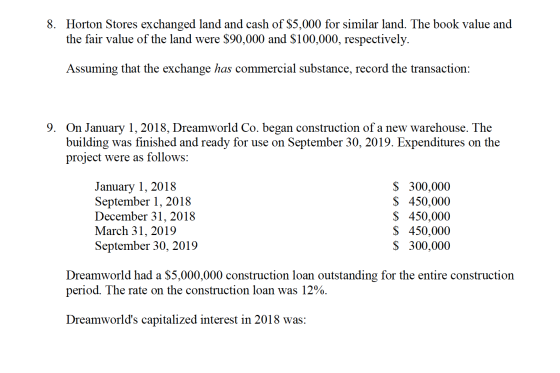 8. Horton Stores exchanged land and cash of $5,000 for similar land. The book value and the fair value of the land were $90,0