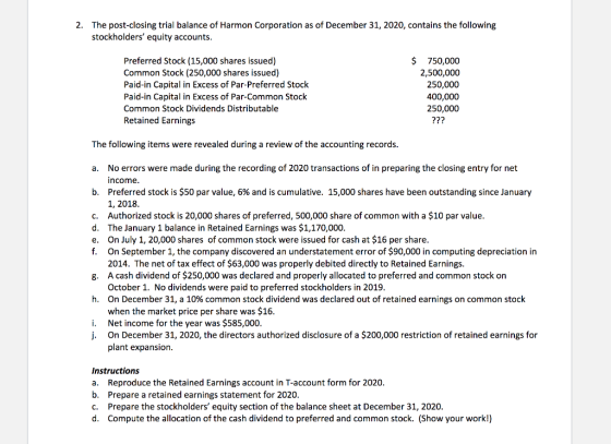 2. The post-closing trial balance of Harmon Corporation as of December 31, 2020, contains the following stockholders equity