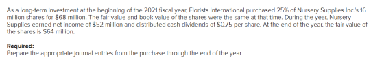 As a long-term investment at the beginning of the 2021 fiscal year, Florists International purchased 25% of Nursery Supplies