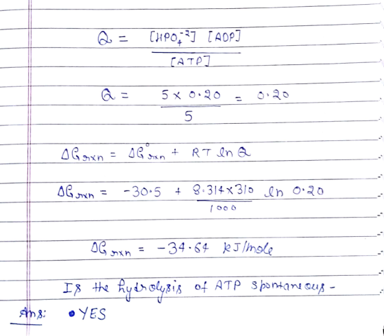 Q = CHPO,?] [ADPI CATP . = 0.20 5 * 0.20 5 Aboxn = Guxn + RT In Q OG on = -30.5 + 3:314x310 1000 en 0.20 OG Dxn = -34.64 kJ/m