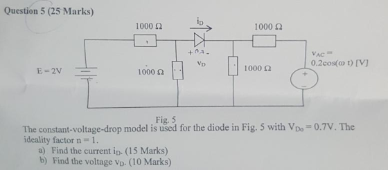 Question 5 (25 Marks) 10002 ID 1000 12 +92- E = 2V VAC 0.2cosct) [V] 1000 2 7 VD 1 00002 100002 Fig. 5 The constant-voltage-d