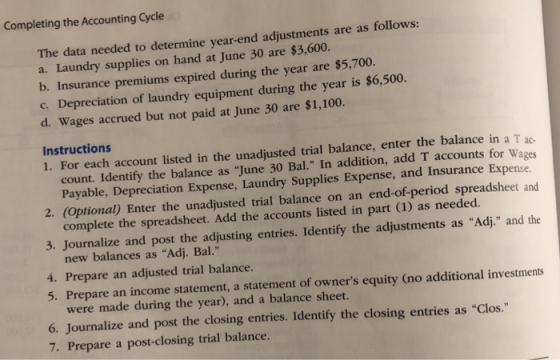 Completing the Accounting Cycle The data needed to determine year-end adjustments are as follows: a. Laundry supplies on hand
