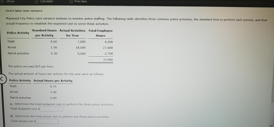 eBook Calculator Direct labor time variance Maywood City Police uses variance analysis to monitor police staffing. The follow