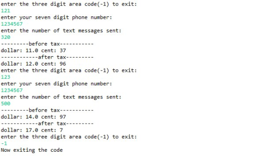 enter the three digit area code(-1) to exit: 121 enter your seven digit phone number: 1234567 enter the number of text messag