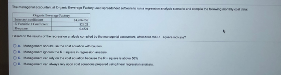 The managerial accountant at Organic Beverage Factory used spreadsheet software to run a regression analysis scenario and com