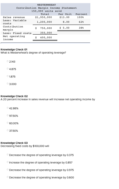 WESTERWHEAT Contribution Margin Income Statement 150,000 units sold Total Per Unit Percent Sales revenue $1,950,000 $13.00 10