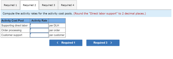 Required 3 Required 2 Required 4 Required 1 Compute the activity rates for the activity cost pools. (Round the Direct labor