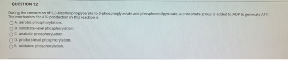 QUESTION 12 During the conversion of 1,3-bisphosphoplycerate to 3-phosphoglycerate and phosphoenolpyruvate a phosphate group