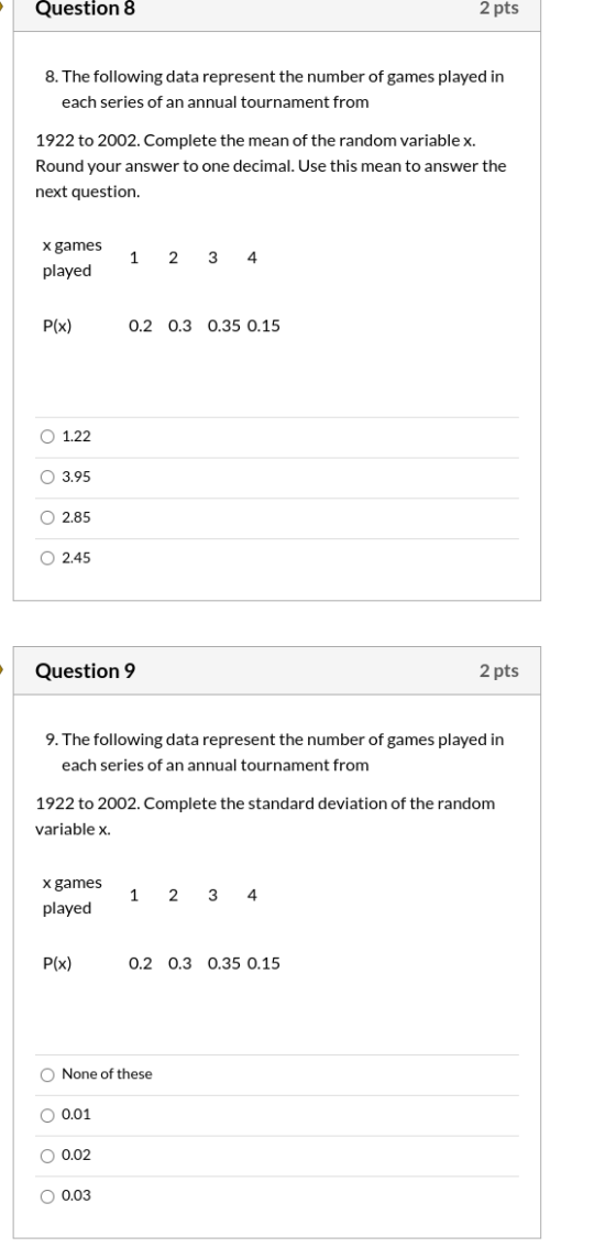 Question 8 2 pts 8. The following data represent the number of games played in each series of an annual tournament from 1922