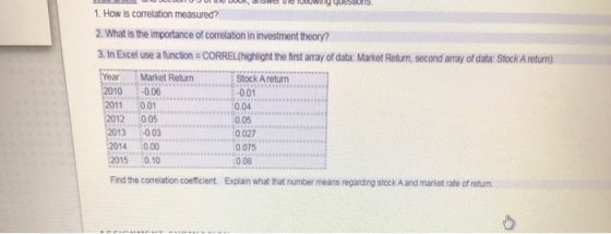 ww, answer e ToOWng quesUOns 1. How is correlation measured? 2 What is the importance of corelation in investment theory? 3.