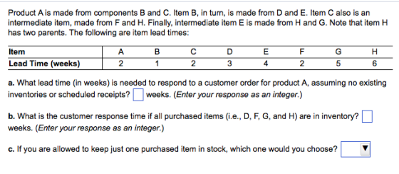 Product A is made from components B and C. Item B, in turn, is made from D and E. Item C also is an intermediate item, made from F and H. Finally, intermediate item E is made from H and G. Note that item H has two parents. The following are item lead times: A B D Item Lead Time (weeks) a. What lead time (in weeks) inventories or scheduled receipts?weeks. (Enter your response as an integer.) 4 2 5 is needed to respond to a b. What is the customer response time if all purchased items (i.e., D, F, G, and H) are in inventory? weeks. (Enter your response as an integer.) c. If you are allowed to keep just one purchased item in stock, which one would you choose? V