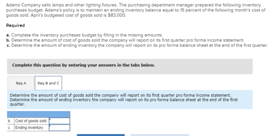 Adams Company sells lamps and other lighting fixtures. The purchasing department manager prepared the following inventory pur