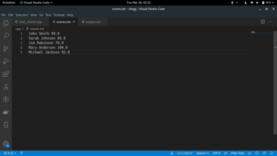 Activities y Visual Studio Code Tue Mar 24, 01:22 99% scores.txt - HomeworkLib - Visual Studio Code File Edit Selection View Go Run