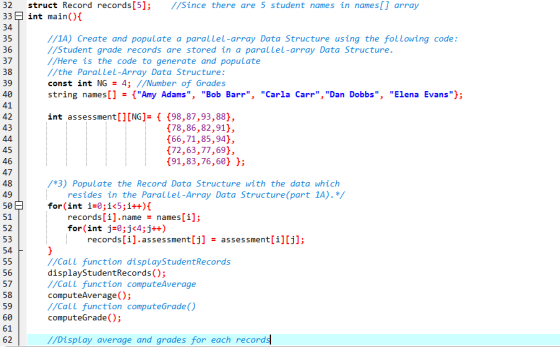 олол 32 struct Record records[5]; //Since there are 5 student names in names[] array 33 int main() { 34 35 //14) Create and p