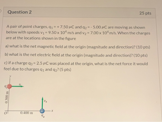 Question 2 25 pts A pair of point charges, 91 = +7.50 C and q2 = -5.00 uC are moving as shown below with speeds v1 = 9.50 x 1