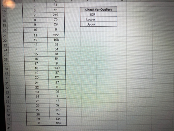 5 15 Check for Outliers 16 6 16 IQR 249 7 17 79 Lower 8 18 29 Upper 19 6 10 20 222 11 21 108 12 22 58 13 23 54 14 24 81 15 25