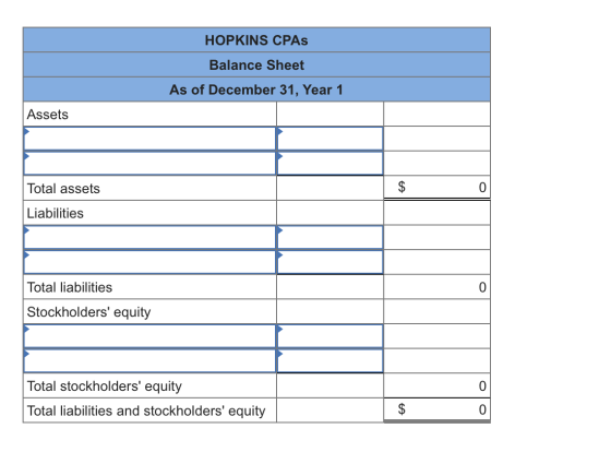 HOPKINS CPAs Balance Sheet As of December 31, Year 1 Assets Total assets $ 0 Liabilities Total liabilities 0 Stockholders eq