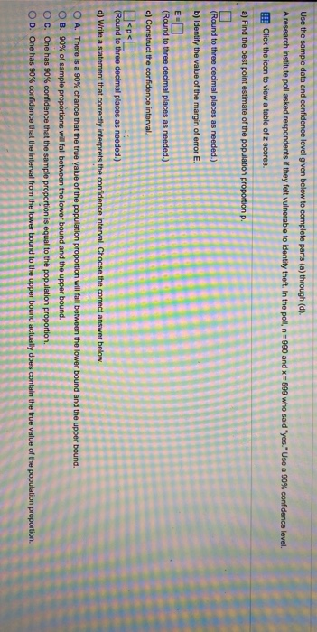 Use the sample data and confidence level given below to complete parts (a) through (d). A research institute poil asked respo