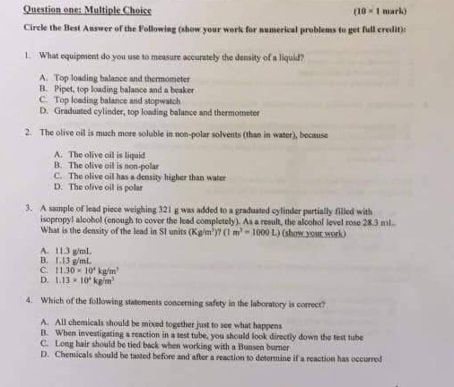Question one: Multiple Choice (101 mark) Circle the Best Answer of the following abow your work for numerical problems to get