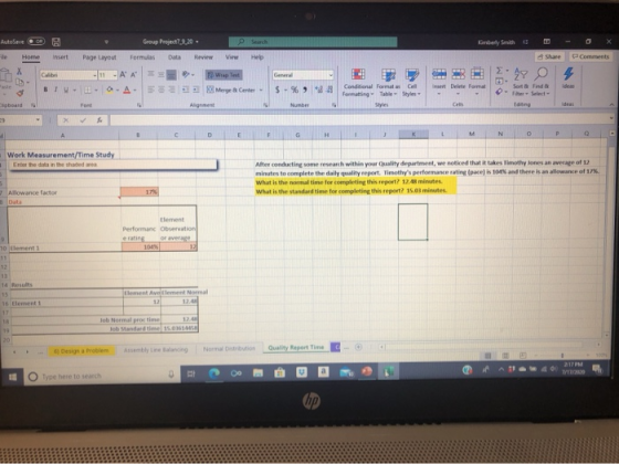 AutoSave Group Project7.9.20 Kimberly Smith KE ER de Home Insert Page Layout Formulas Data Review Help Comments casti General