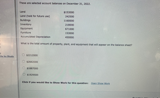 These are selected account balances on December 31, 2022. Land Land (held for future use) Buildings Inventory Equipment Furni