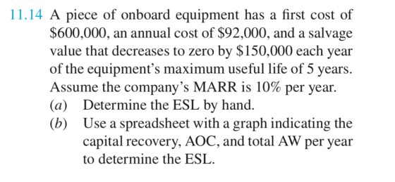 11.14 A piece of onboard equipment has a first cost of $600,000, an annual cost of $92,000, and a salvage value that decreases to zero by $150,000 each year of the equipments maximum useful life of 5 years. Assume the companys MARR is 10% per year. (a) Determine the ESL by hand. (b) Use a spreadsheet with a graph indicating the capital recovery, AOC, and total AW per year to determine the ESL
