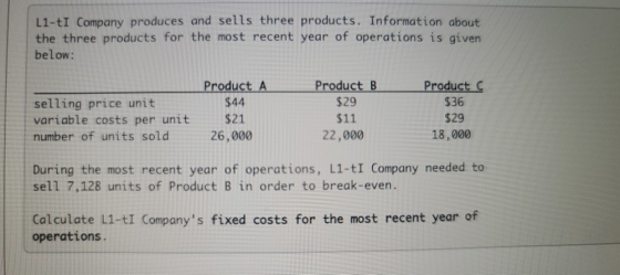 L1-t1 Company produces and sells three products. Information about the three products for the most recent year of operations