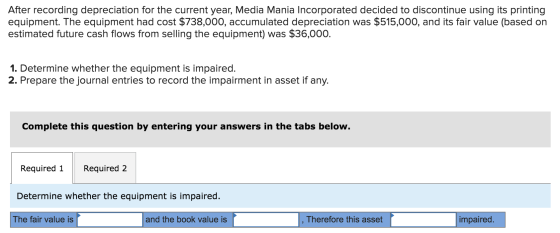 After recording depreciation for the current year, Media Mania Incorporated decided to discontinue using its printing equipme