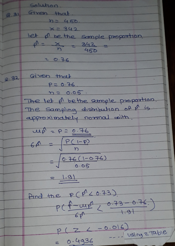 Solukon Given that 450. x=342. let or be the sample proportion. 30.76 Given that P=0.76. n= 0.0.5. The let pl be the sample p