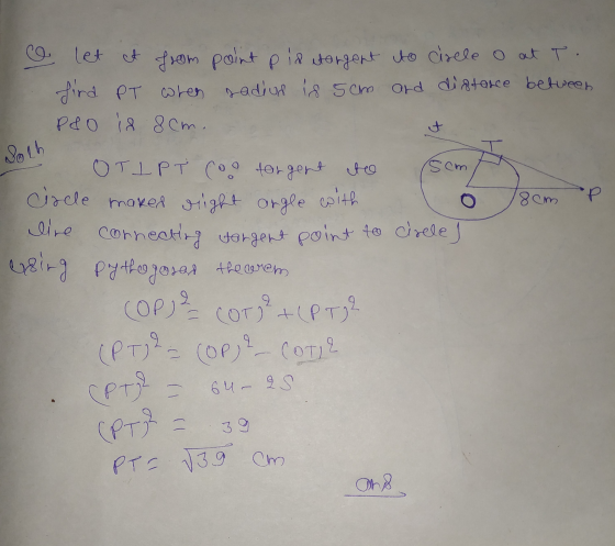 co let at from point pis etergent to cisele o at T. fird PT when radius is 5cm and distance between P&o is 8cm. t Som 8cm usi