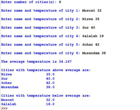 Enter number of cities (n): 6 Enter name and temperature of city 1: Muscat 32 Enter name and temperature of city 2: Nizwa 35