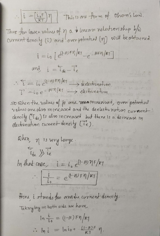of on This is one form of choms land. This for lower values of na Unear relationship be Curnent density (i) and over potenti